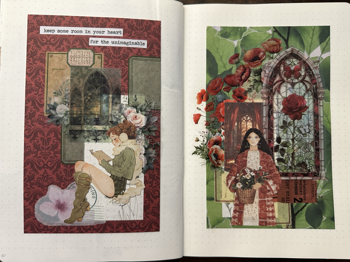 Art journal ⎢Collage rouge et vert "Entre imaginaire et présence"